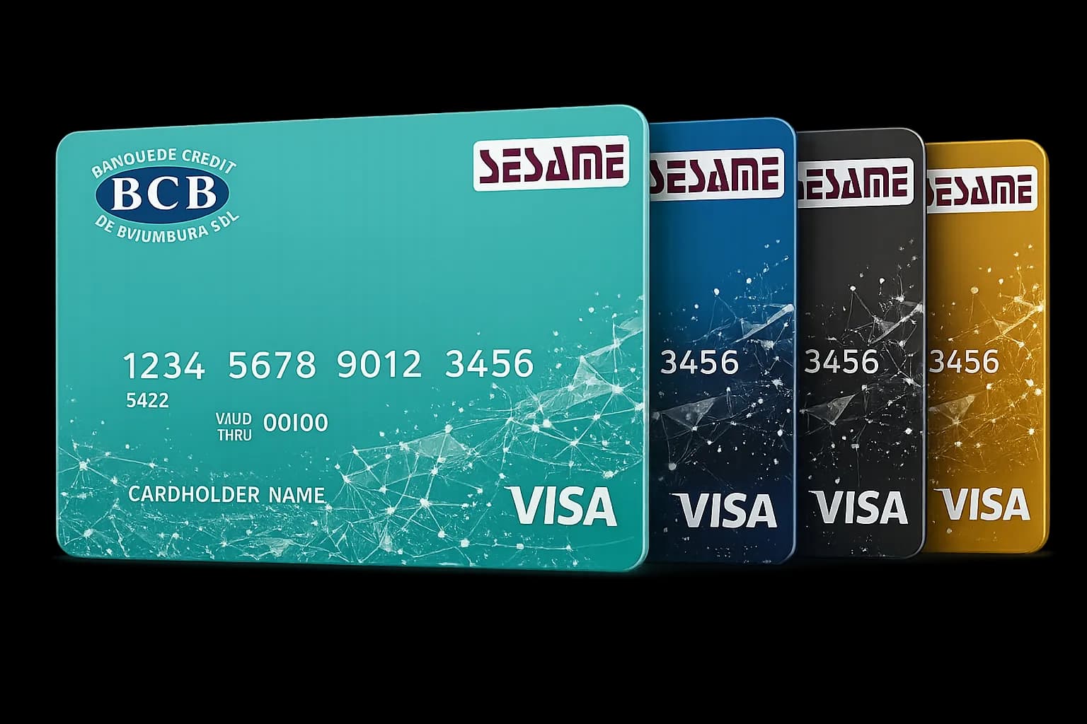 BCB Visa payment cards — blue, black, silver, and gold