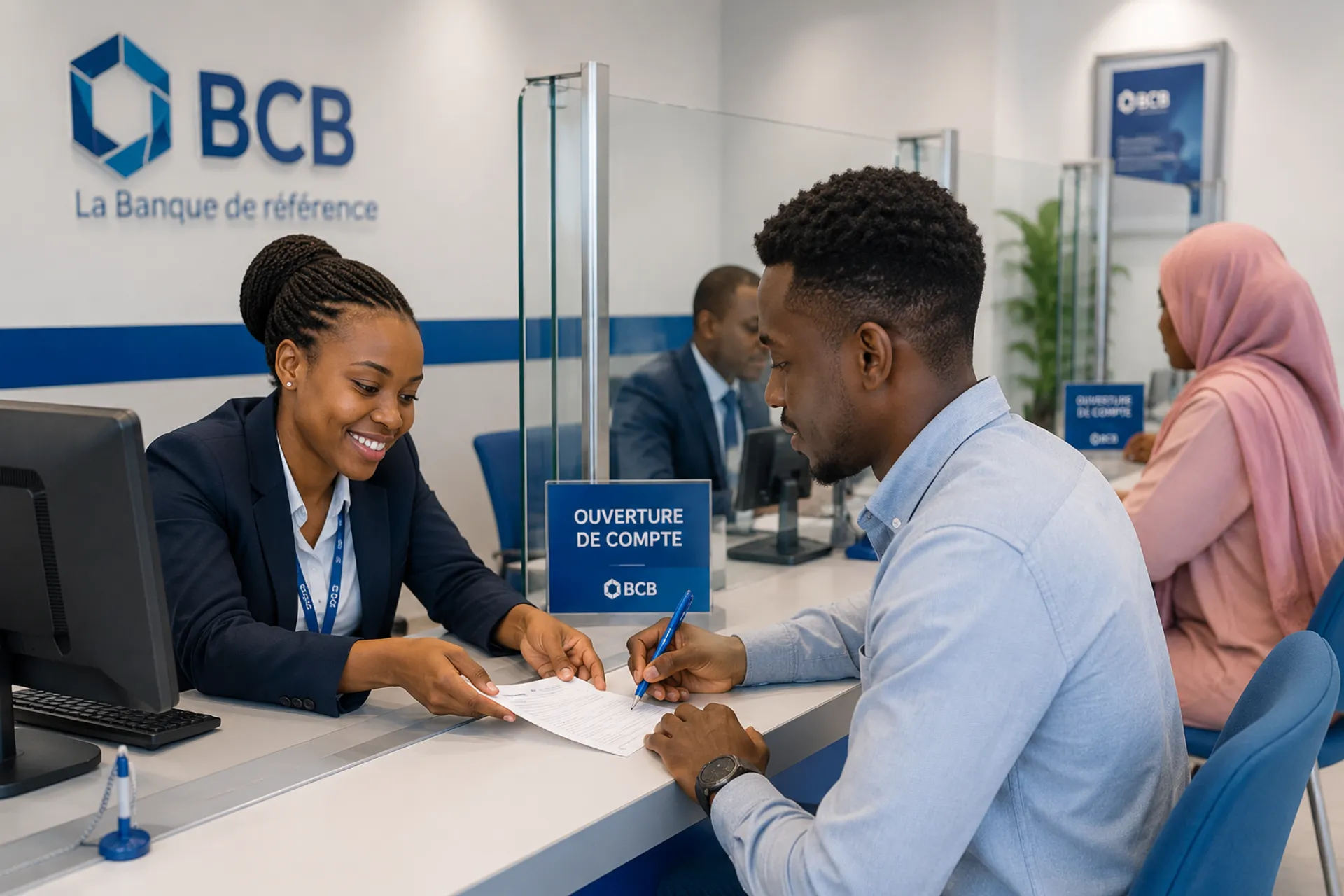 A BCB advisor helping a customer at a branch desk